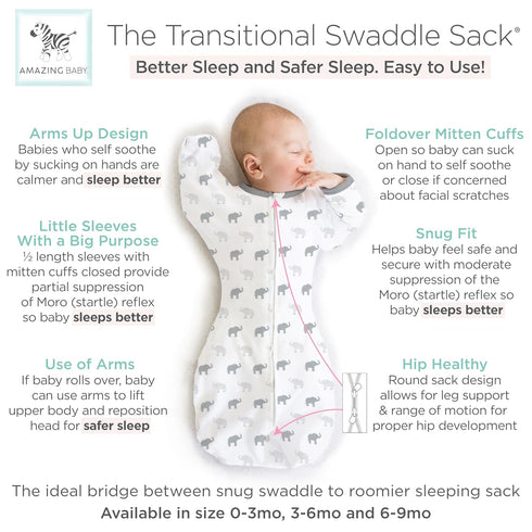 Amazing Baby Transitional Swaddle Sack with Arms Up, Half-Length Sleeves, Mitten Cuffs, Medium, Tiny Elephants