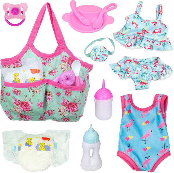 UNICORN ELEMENT 8 Pcs Baby Doll Clothes and Accessories, Feeding and Caring Set with Diaper Bag, Best Gift for Kids