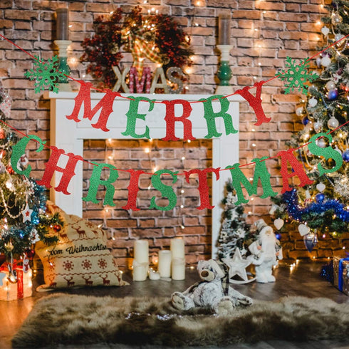 Red and Green Merry Christmas Banner, Merry Xmas Sign Garland for Christmas Party Decorations, Holiday Mantle Decor