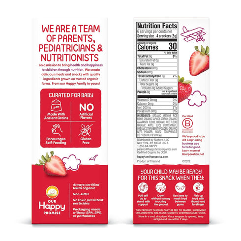 12 Count (Pack 6) Happy Baby Organics Baby Snacks, Gentle Teething Crackers, Gluten Free & Vegan, Strawberry & Beet