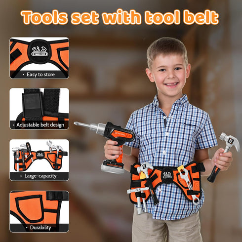 Set Set 49 3-8, Toddler Tool & Kids Tool PCS with Electric Drill, Portable Storage Bag & Adjustable Belt - Construction