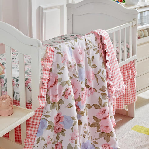 3 Set Pieces Flowers Crib Bedding Baby Ruffled Quilted Comforter with Fitted Sheet and Bed Skirt - Cute Ruffled Shabby