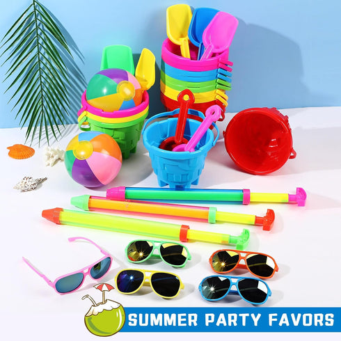 Tanlade 75 Pcs End of Year Students Gift, Kids Beach Pool Party Favors Sand Buckets Shovels Neon Sunglasses Inflatable
