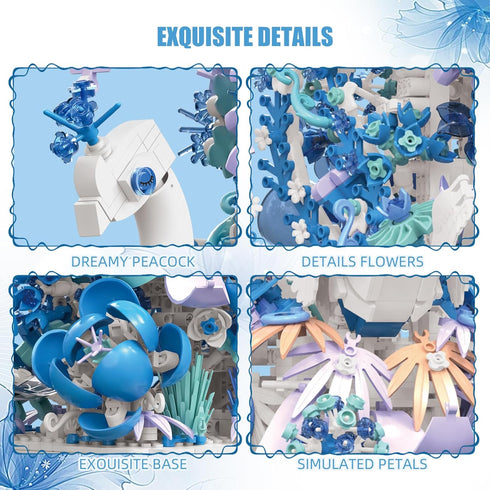 Set (2470 Blue Flowers Peacock Building for Adults - Creative Animal Botanicals Peacock Bird Toy Home Office Art Deocr