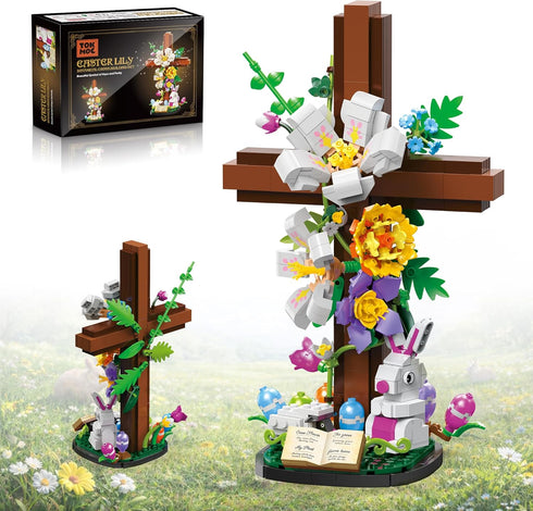 HiDectee Christian Cross Flower Building Set - Jesus Botanical Lily Cross with Bible