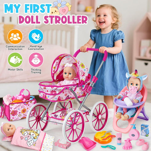 12 Set 3 4 5 6 26pcs Pillow/Highchair/2 3-5-7 Golray in Baby Doll Toys with Stroller for Year Old Girl - Babydoll