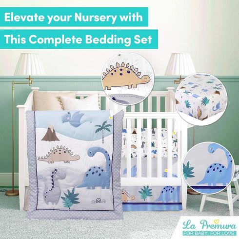Set 3 Set, La Premura Baby Crib Bedding for Boys Dinosaur Piece Standard Size Nursery Crib Comforter Grey/Blue - Unisex