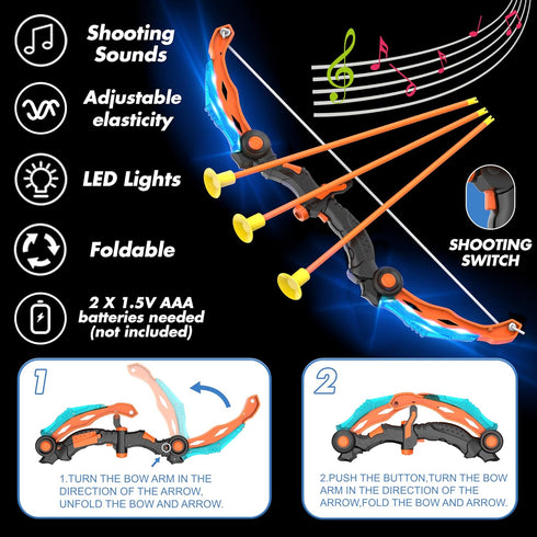KKONES Kids Bow and Arrow Set, 2 in 1 Shooting Game Toy with LED Light Up Archery Toy Set, Bow & Air Gun, Foam Balls,