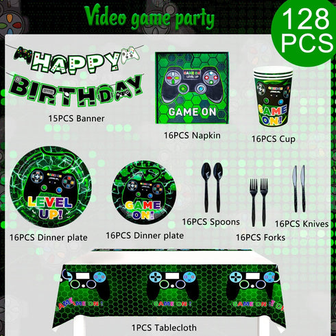 Video Game Party Supplies - 128pcs Tableware Set with Plates, Cups, Tablecloth, and Banner for Kids' Birthday