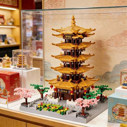 Set 14+ 2200 JXRLMB Chinese Ancient Famous Architecture Micro Building Blocks for Adults Yellow Crane Tower with Sakura