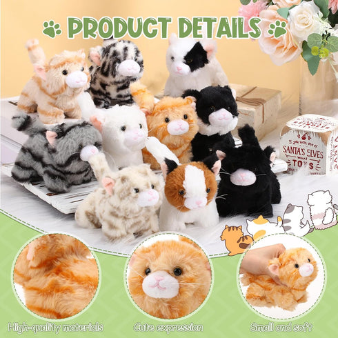 Lenwen 10 Pcs Cat Stuffed Animals Bulk, Soft Cuddly Kitten Plush Sets, Assorted Fluffy Stuffed Cats for Kids Birthday
