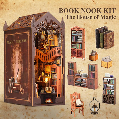 Light,3D Book Nook Kit,DIY Miniature House Kit,Dollhouse Booknook with Dust Cover & LED Wooden Bookends