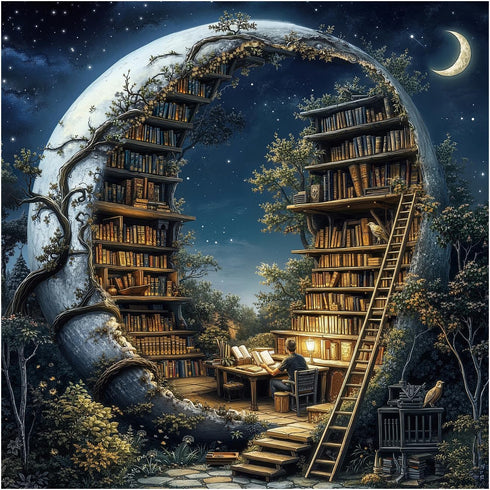 BBOLDIN Magic Moon Library Puzzle 1000 Pieces for Adults, Night Book Forest Fantasy