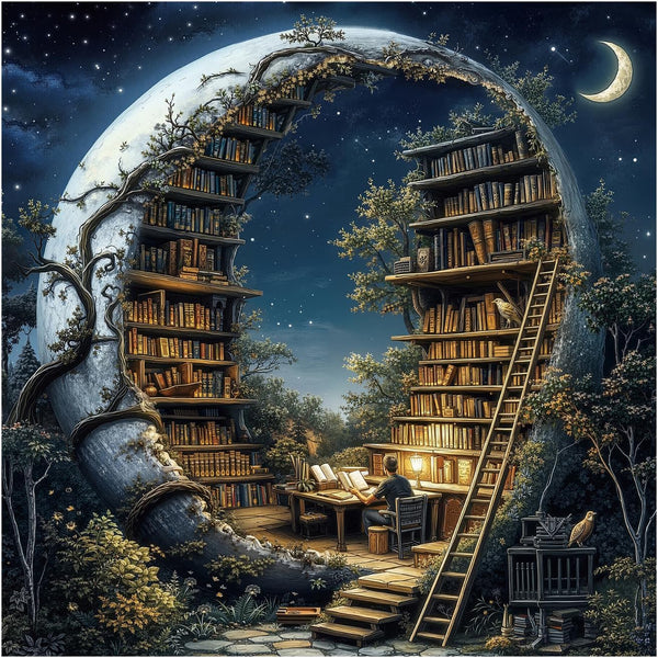 BBOLDIN Magic Moon Library Puzzle 1000 Pieces for Adults, Night Book Forest Fantasy