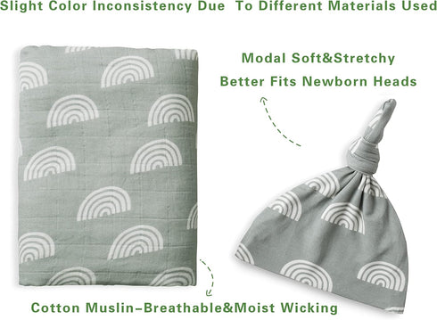 Miaoberry 100% Organic Cotton Muslin Blanket - Sage Green Rainbow Baby Swaddle Set for Newborns