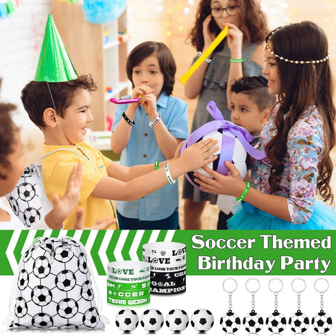 48 Pcs Soccer Party Favors Supplies, 12 Soccer Silicone Bracelets, 12 Drawstring Treat Bags, 12 Mini Stress Balls, 12
