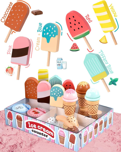 Wooden Ice Cream Toys Kitchen Play Store - Play Kitchen Accessories for Toddlers 3-5, Scoop, Menu & Fake Money