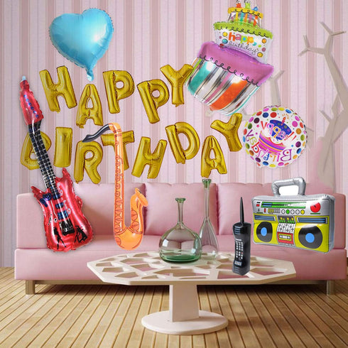 WedFeir Set, 7 Pack 80's 90's Inflatable Rock Star Toy Inflatable Boom Box Mobile Phone Guitar Bass Party Props