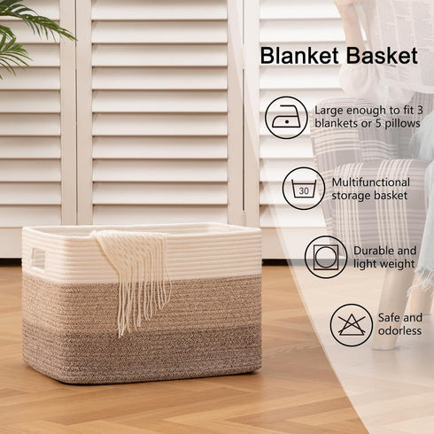 OIAHOMY Cotton Rope Basket, Rectangle Woven Baskets for Storage, Toy Basket with Handle, Baskets for Organizing -
