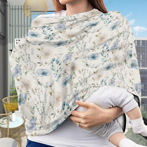 Biyejit Blue Floral Print Car Seat Cover for Babies, Mom Nursing Covers Breastfeeding Scarf, Multi Use Infant Carseat