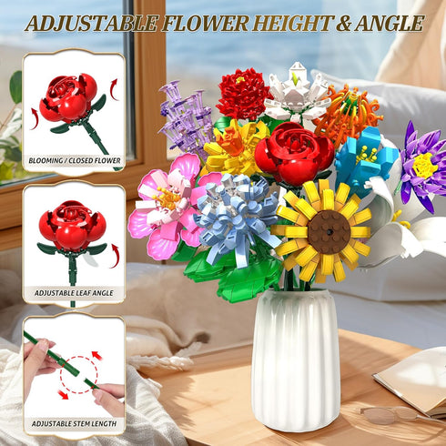 mesproud Set,1009PCS Decoration,12 6+,Idea Flower Bouquet Building Creative DIY Plant Bouquet Artificial Flowers