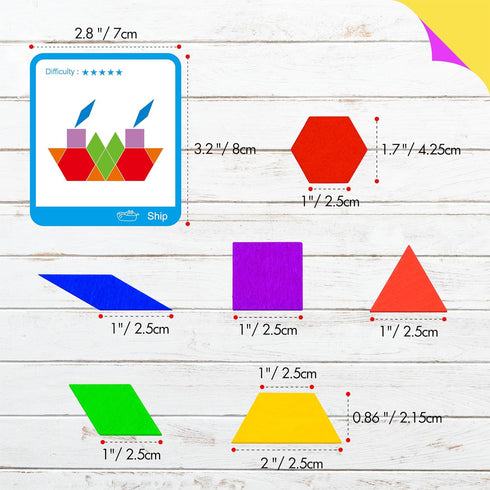 155 PCS Wooden Pattern Blocks Set, 24 Double-Sided Design Cards for Montessori Learning Toys