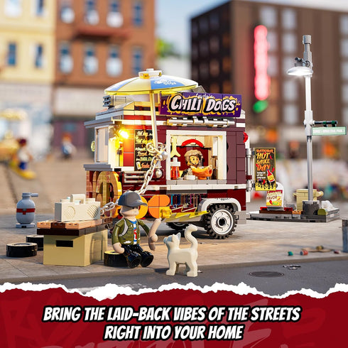 Set 515 FUNWHOLE Chili Dog Trailer Lighting Building Bricks - Street Fusion City Town Hot Food Truck with LED Light