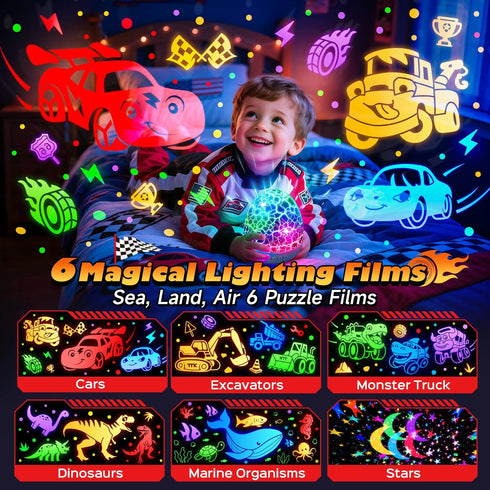 6HD Films+15 Sounds+31 Control+360Rotating 1-3 4-7 1-8 PIKOY Toddler Toy Cars Toy Projector | Colors+Remote | Egg Light