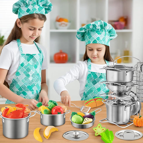 12Pcs Playset 3 Kids Pretend Play Kitchen Accessories Toy Stainless Steel Metal Pots and Pans with Rack Mud Kitchen
