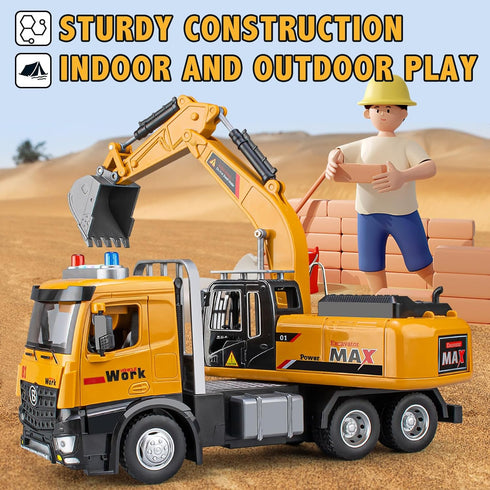 TAKGUD 3-5 10.2" Set, Excavator Toy for Boys Year Old, Digger with Lights and Sounds, Construction Site Play Excavator