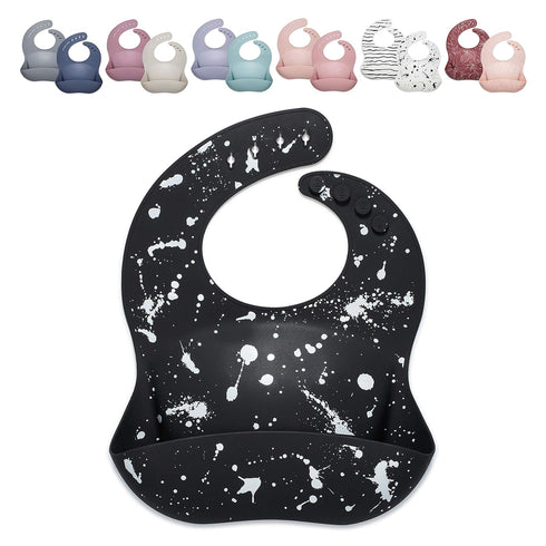 Silicone Baby Bib with Food Catcher - Adjustable Waterproof Feeding Bib for 4-36 Months, Paint Splatter on Black