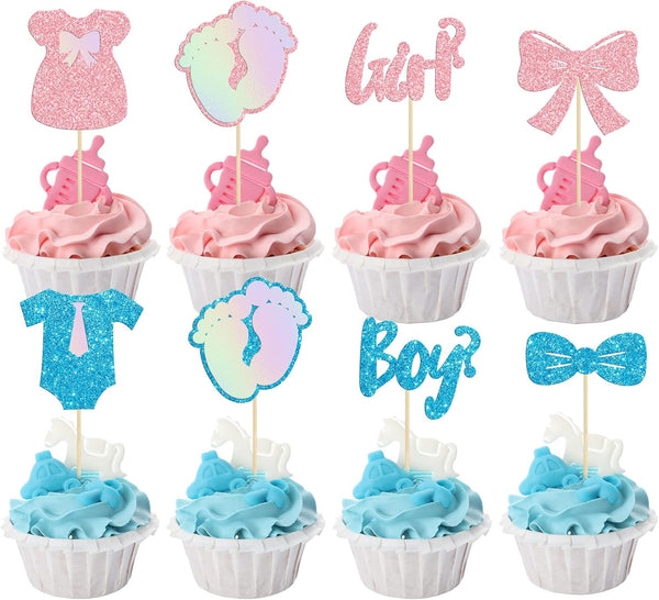 Gyufise 24 Pack Cupcake Toppers, Glitter Onesie Jumpsuit Footprint Bow Tie Picks for Baby Shower Birthday