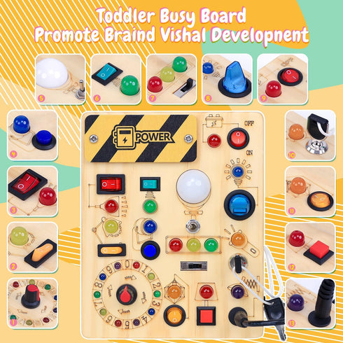 1 2 3 1+ Busy Board with LED Light Switches, Montessori Toys for Years Old, Toddlers Wooden Toy Sensory Activity Board