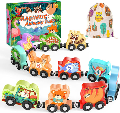 Toys for Toddlers, 11 Magnetic Wooden Animals Train Set, Montessori Learning Activities, Birthday Gifts for Kids
