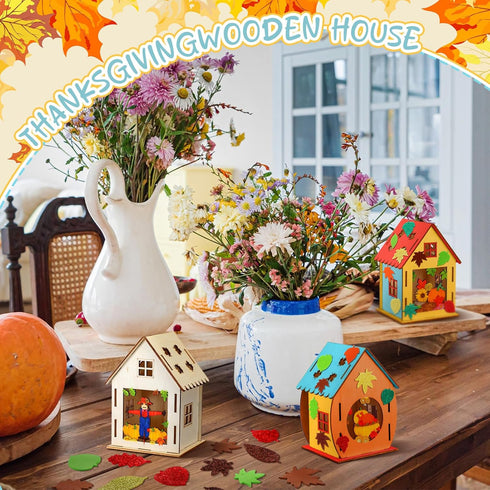 12 Sets Wooden Fall Halloween Houses, DIY Unfinished Craft Kit with Pumpkin Decor and Watercolor Pens
