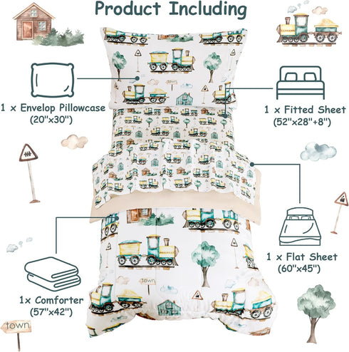 4 Set Country Sets Mooreeke Pieces Toddler Bedding - Brown Train Town Toddler Comforter for Boys, Includes Comforter