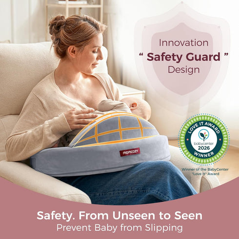 Momcozy Innovative Safety Guard Nursing Pillow - Firm & Springy Memory Foam - Stable, Ergonomic Support & Comfort