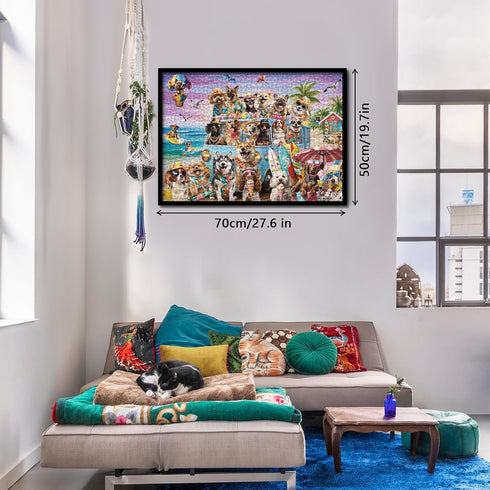 Funny Dog Puzzle Beach Dogs 1000 Pieces for Adults, Animal Jigsaw Puzzles for Vacation, Holiday Puppy Bulldog Decor