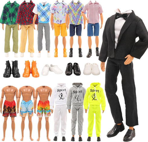Miunana 10 Pcs Fashion Pack - 5 Sets of Casual Wear Clothes and 5 Shoes for Boy Doll, Random Styles Included