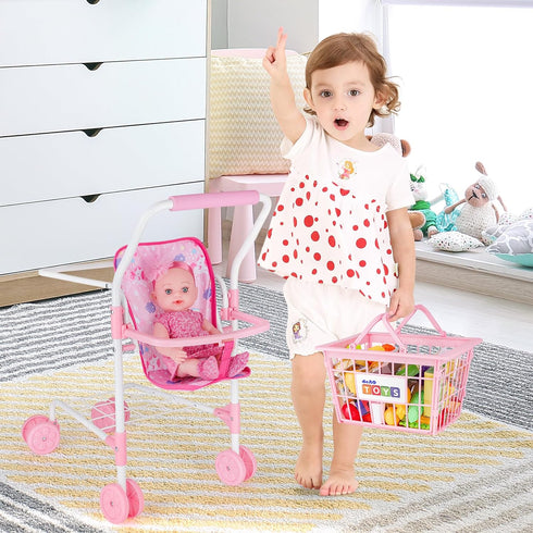 Set,Pretend 2 1 deAO Kids Shopping Cart Play Food and Shop Accessories, in Kids Grocery Trolley with Front Doll Seat