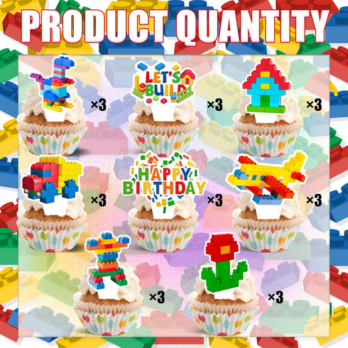CoquetteBow012 24-Piece Building Block Brick Themed Birthday Party Cupcake Toppers Decorations for Party Supplies