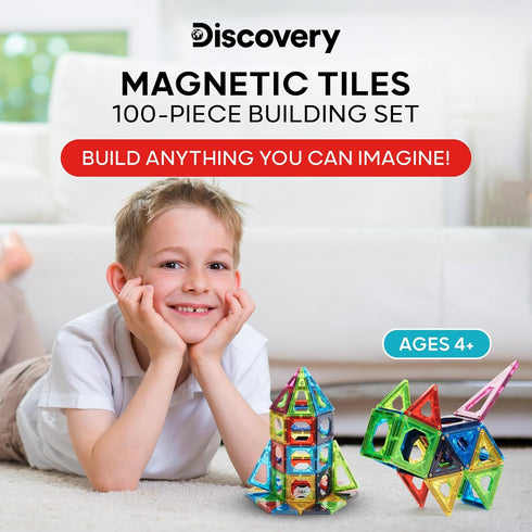 Discovery 100-Piece 3D Magnetic Tile Set, Educational STEM Toy, Construction Building Block Creativity Kit, Safe