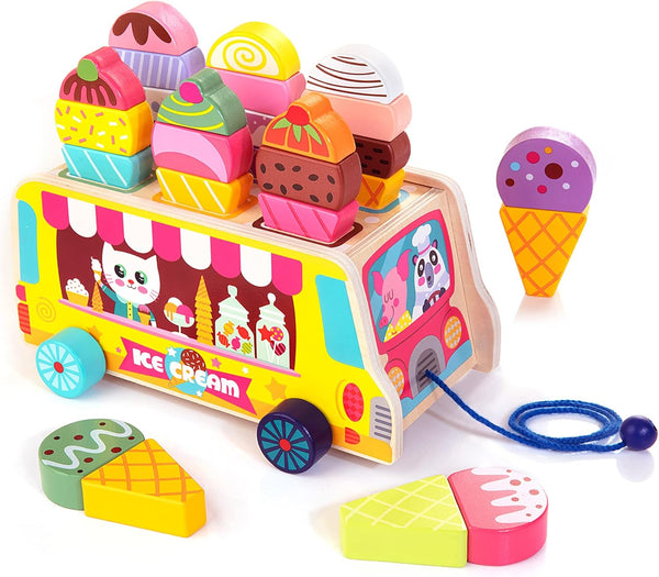 HELLOWOOD Wooden Ice Cream Truck, 28 pcs Magnetic Ice Cream Sweet Treats