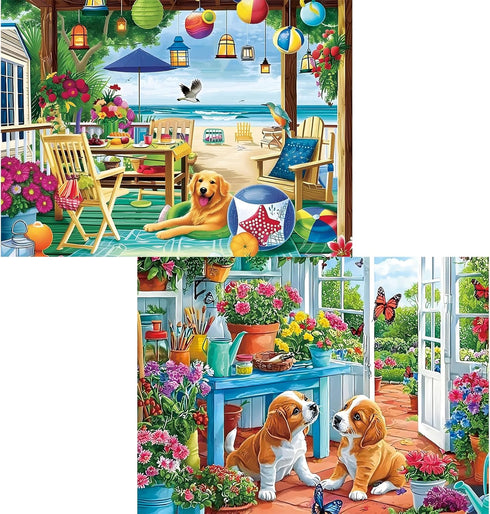 2 Pack 300 Piece Puzzle for Adults, Garden Dogs Seaside Porch Jigsaw