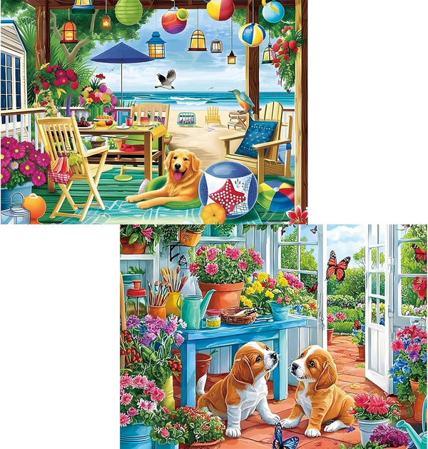 2 Pack 300 Piece Puzzle for Adults, Garden Dogs Seaside Porch Jigsaw