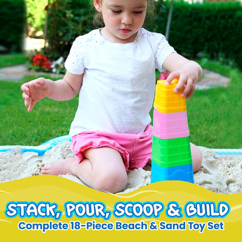utoyz Set 18 Summer 1+ Splash & Sand Adventure Beach Toys for Toddlers with Pcs Stacking Cups, Watering Can, Bucket