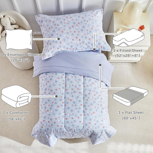 Set Boys,4 Sets,Blue Set,Include DuShow Toddler Bedding for Girls and Piece Bed-in-a-Bag Toddler Comforter Floral Crib