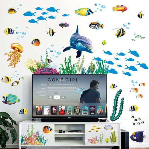 Creative 3D Ocean Fish Wall Sticker, Removable DIY Under The Sea Coral Grass Decal for Kids Nursery Decor