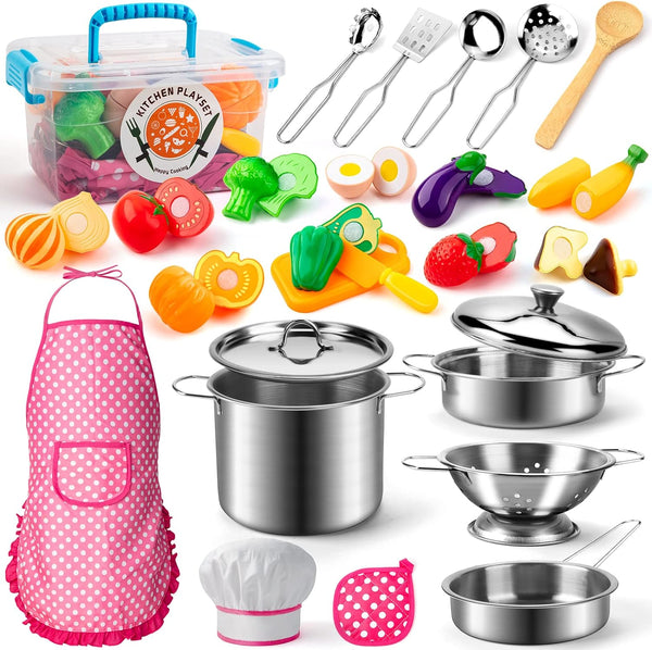 Tigerhu 26PCS Play Kitchen Accessories, Kitchen Pretend Play Cooking Toys w/ Stainless