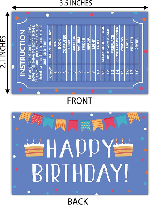 Happy Birthday Treasure Hunt Clues Game Cards, 20 Cards with Colorful Envelopes, Indoor Outdoor Party Game Supply